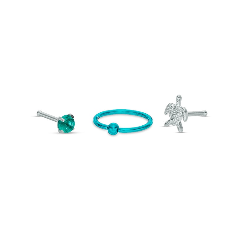 Teal Ion Plated CZ Hoop and Nose Stud Set - 20G