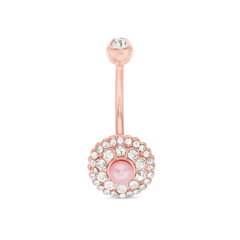Main Image 1 of 014 Gauge Crystal and Pink Pearlescent Flower Belly Button Ring in Stainless Steel with Rose-Tone IP