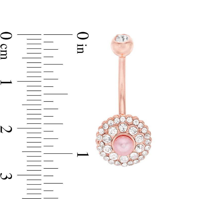 014 Gauge Crystal and Pink Pearlescent Flower Belly Button Ring in Stainless Steel with Rose-Tone IP