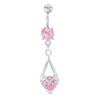 014 Gauge Pink and White Crystal Teardrop Dangle Belly Button Ring in Stainless Steel and Brass