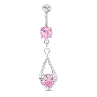 014 Gauge Pink and White Crystal Teardrop Dangle Belly Button Ring in Stainless Steel and Brass