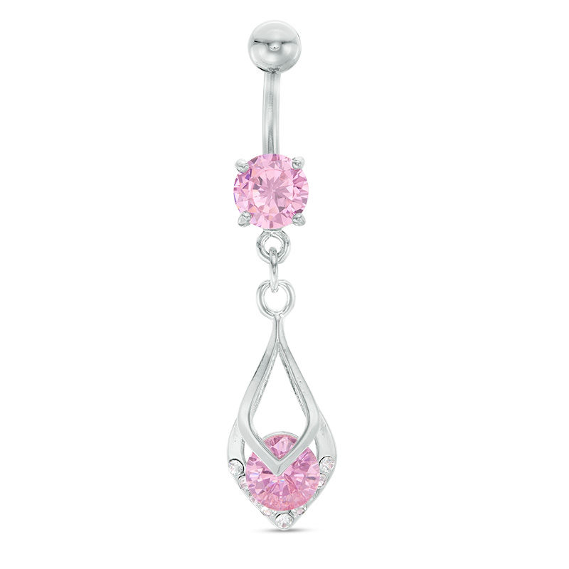 014 Gauge Pink and White Crystal Teardrop Dangle Belly Button Ring in Stainless Steel and Brass