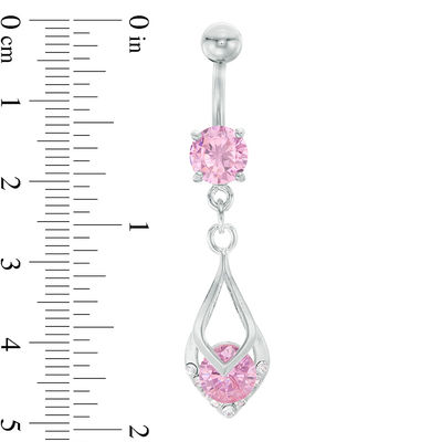 014 Gauge Pink and White Crystal Teardrop Dangle Belly Button Ring in Stainless Steel and Brass