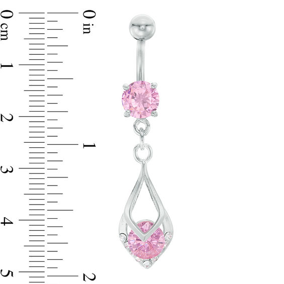 014 Gauge Pink and White Crystal Teardrop Dangle Belly Button Ring in Stainless Steel and Brass