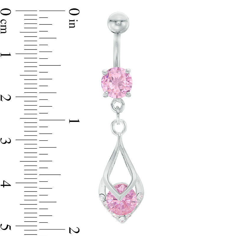 014 Gauge Pink and White Crystal Teardrop Dangle Belly Button Ring in Stainless Steel and Brass
