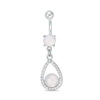 014 Gauge Lab-Created Crystal and Opalescent Teardrop Dangle Belly Button Ring in Stainless Steel and Brass