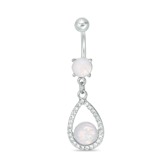 014 Gauge Lab-Created Crystal and Opalescent Teardrop Dangle Belly Button Ring in Stainless Steel and Brass