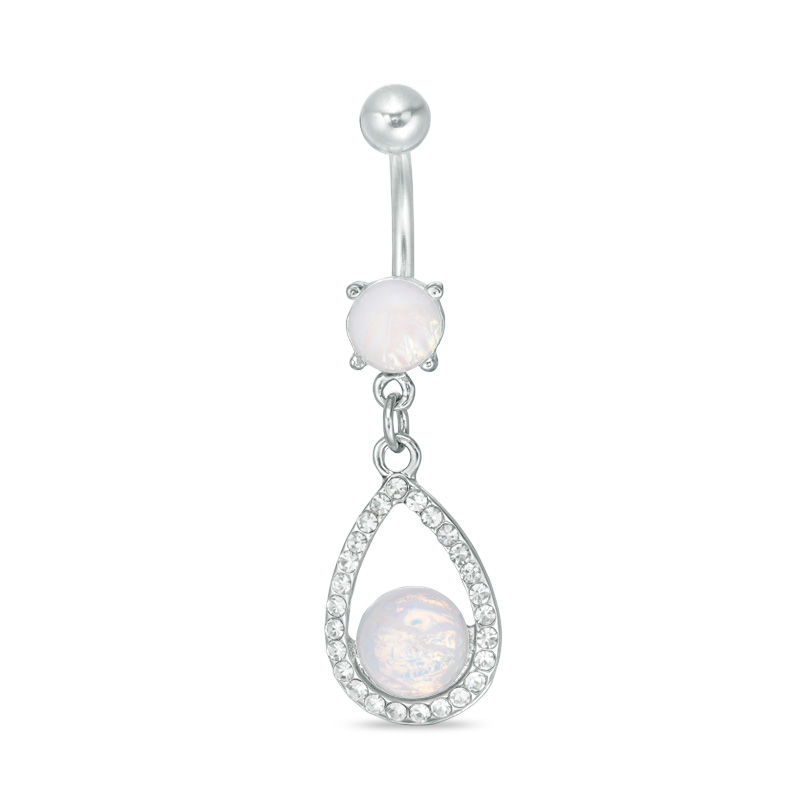 014 Gauge Lab-Created Crystal and Opalescent Teardrop Dangle Belly Button Ring in Stainless Steel and Brass
