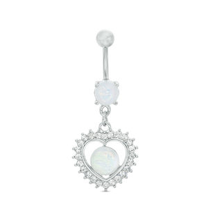 014 Gauge Opal Acrylic Crystal Frame Heart Dangle Belly Button Ring in Stainless Steel and Brass