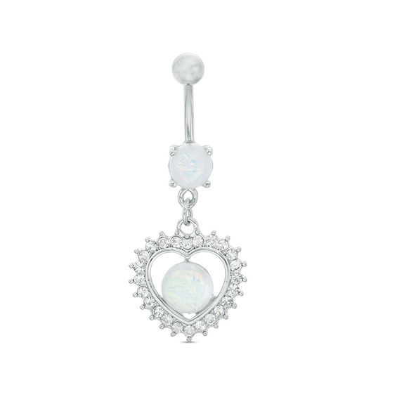 014 Gauge Opal Acrylic Crystal Frame Heart Dangle Belly Button Ring in Stainless Steel and Brass