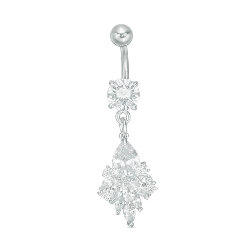 Solid Stainless Steel and Brass CZ Pear-Shaped, Marquise and Round Dangle Belly Button Ring - 14G 3/8"