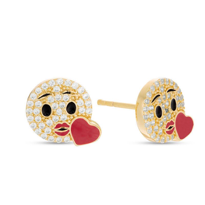 Child's Cubic Zirconia and Enamel Kissing Emoji Stud Earrings in Sterling Silver with 14K Gold Plate