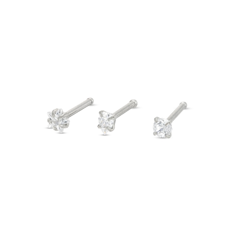Solid Stainless Steel CZ Multi-Shape Three Piece Nose Stud Set - 20G