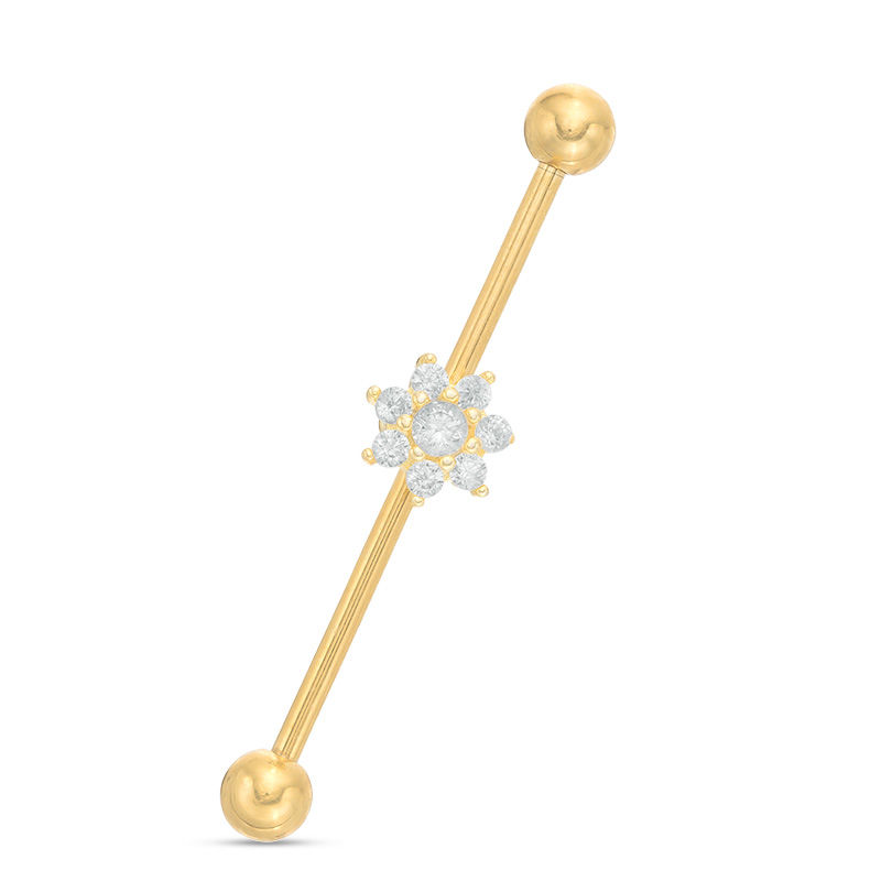 Main Image 1 of 014 Gauge Cubic Zirconia Flower Industrial Barbell in Stainless Steel with Yellow IP and Brass