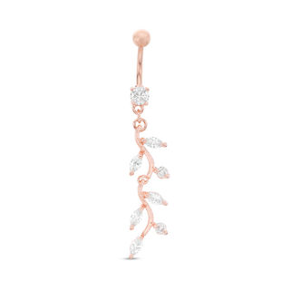 014 Gauge Marquise and Round Cubic Zirconia Leaf Dangle Belly Button Ring in Solid Stainless Steel and Brass with Rose IP