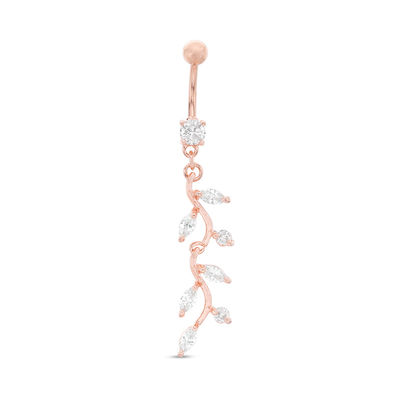 014 Gauge Marquise and Round Cubic Zirconia Leaf Dangle Belly Button Ring in Solid Stainless Steel and Brass with Rose IP