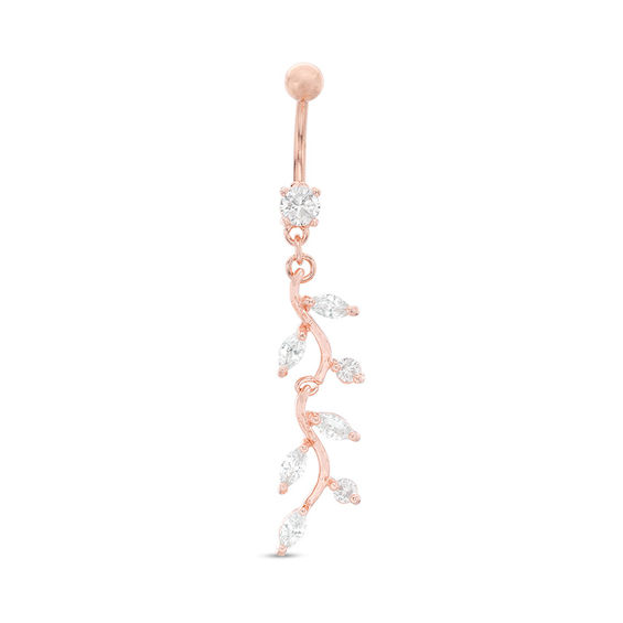 014 Gauge Marquise and Round Cubic Zirconia Leaf Dangle Belly Button Ring in Solid Stainless Steel and Brass with Rose IP
