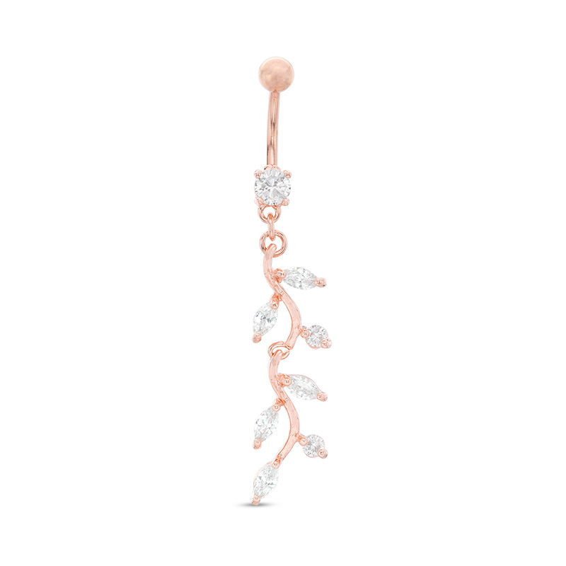 Main Image 1 of 014 Gauge Marquise and Round Cubic Zirconia Leaf Dangle Belly Button Ring in Solid Stainless Steel and Brass with Rose IP