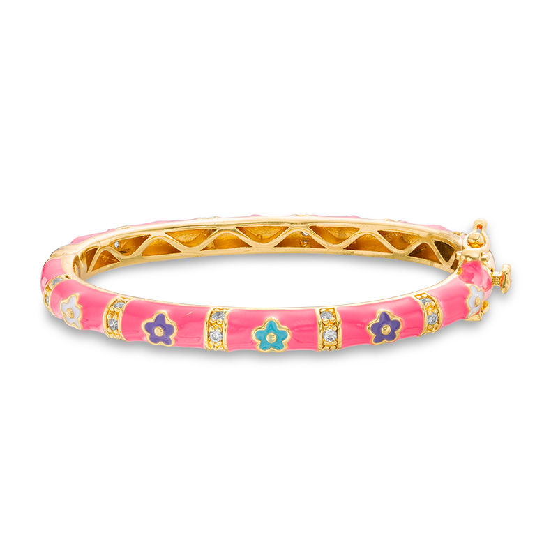 Main Image 1 of Child's Cubic Zirconia and Multi-Color Enamel Flower Bangle in Brass with 18K Gold Plate - 5"