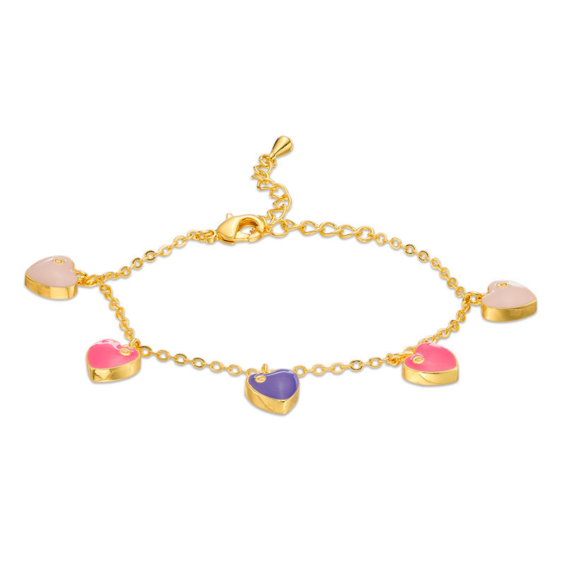 Main Image 1 of Child's Cubic Zirconia and Multi-Color Enamel Hearts Charm Bracelet in Brass with 18K Gold Plate - 7.5"