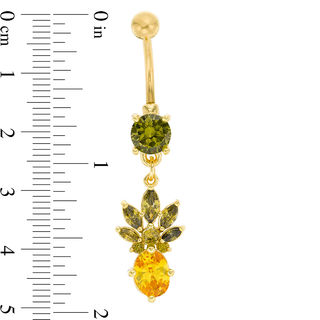 014 Gauge Green and Yellow Cubic Zirconia Pineapple Dangle Belly Button Ring in Stainless Steel with Yellow IP