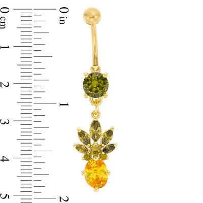 014 Gauge Green and Yellow Cubic Zirconia Pineapple Dangle Belly Button Ring in Stainless Steel with Yellow IP
