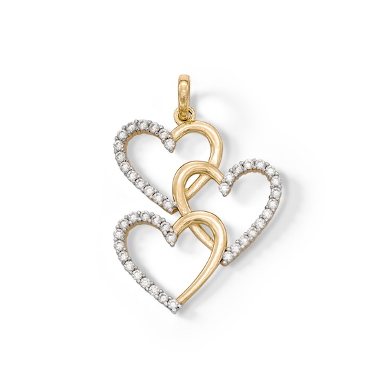 Cubic Zirconia Triple Heart Necklace Charm in 10K Solid Gold