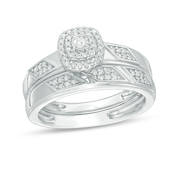 1/4 CT. T.W. Diamond Double Cushion Frame Wedding Ensemble in Sterling Silver