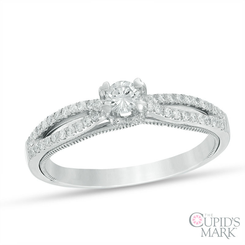 The Cupid's Mark® 1/3 CT. T.W. Diamond Split Shank Engagement Ring in 10K White Gold - Size 7