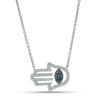 Thumbnail Image 1 of Enhanced Blue and White Diamond Accent Sideways Hamsa with Evil Eye Necklace in Sterling Silver - 17.5"