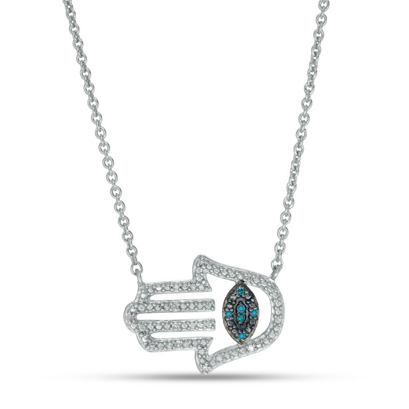 Main Image 1 of Enhanced Blue and White Diamond Accent Sideways Hamsa with Evil Eye Necklace in Sterling Silver - 17.5"