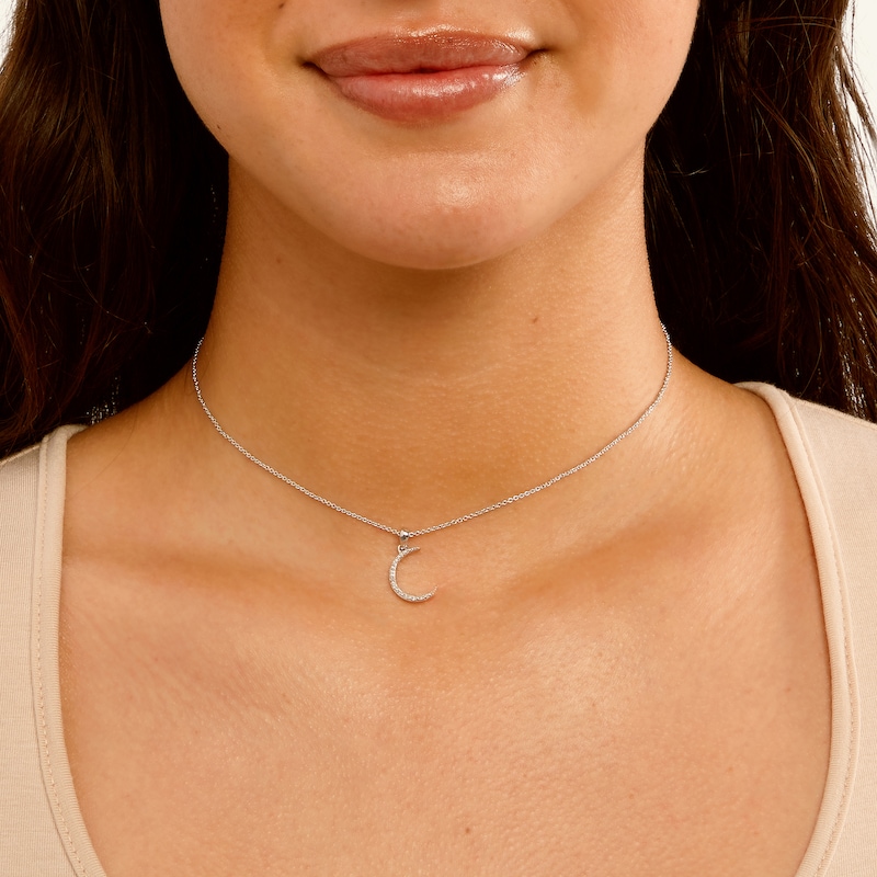 Diamond Accent Crescent Moon Choker Pendant in Sterling Silver - 16"