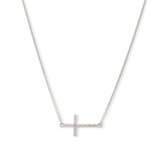Sterling Silver Diamond Accent Sideways Cross Pendant Choker - 11.5" + 4"