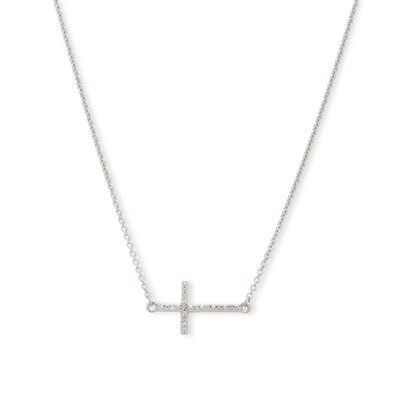 Sterling Silver Diamond Accent Sideways Cross Pendant Choker - 11.5" + 4"