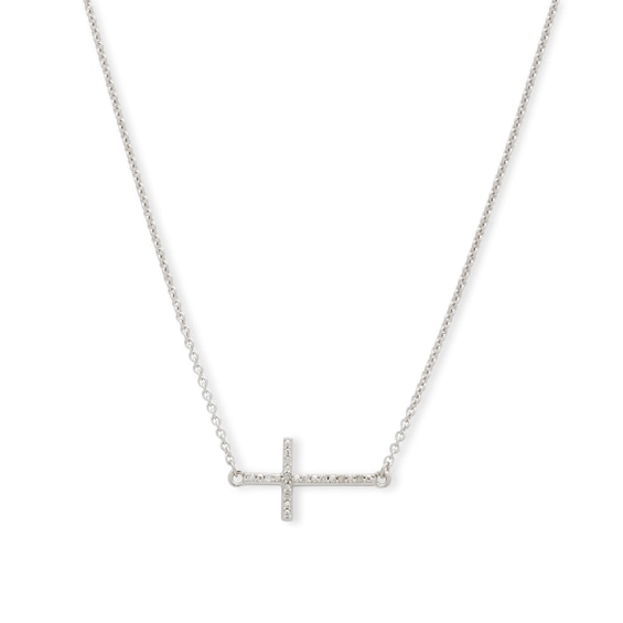Sterling Silver Diamond Accent Sideways Cross Pendant Choker - 11.5" + 4"