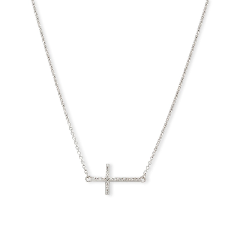 Diamond Accent Sideways Cross Choker Necklace in Sterling Silver - 15.5"