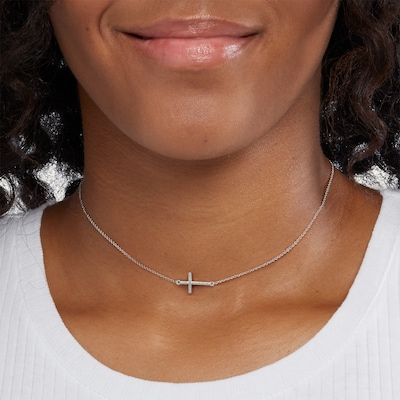 Sterling Silver Diamond Accent Sideways Cross Pendant Choker - 11.5" + 4"