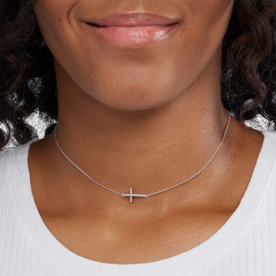 Sterling Silver Diamond Accent Sideways Cross Pendant Choker - 11.5" + 4"