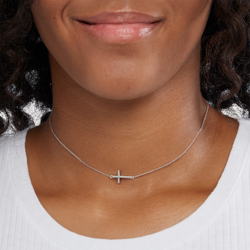 Diamond Accent Sideways Cross Choker Necklace in Sterling Silver - 15.5"