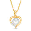 Button Cultured Freshwater Pearl and Lab-Created White Sapphire Heart Pendant in Sterling Silver with 14K Gold Plate