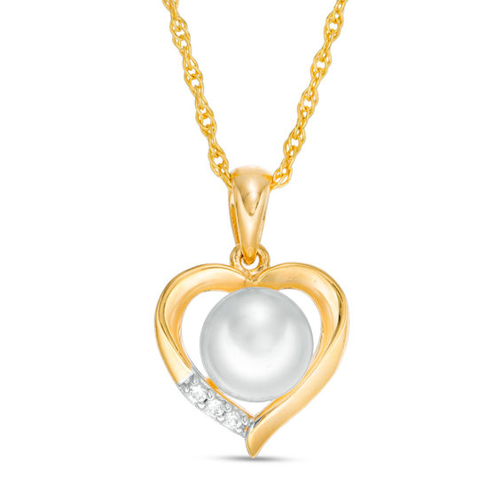 Button Freshwater Cultured Pearl and Lab-Created White Sapphire Heart Pendant in Sterling Silver with 14K Gold Plate