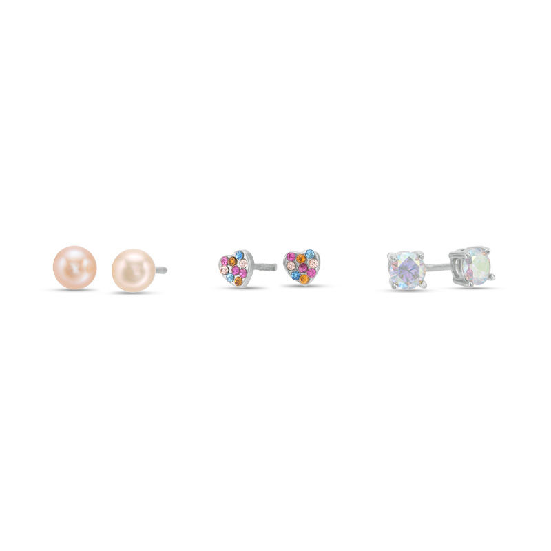 Main Image 1 of Child's Dyed Pink Simulated Pearl, Iridescent Cubic Zirconia and Multi-Color Crystal Earrings Set in Sterling Silver