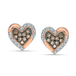 1/8 CT. T.W. Champagne and White Diamond Composite Heart Stud Earrings in 10K Rose Gold