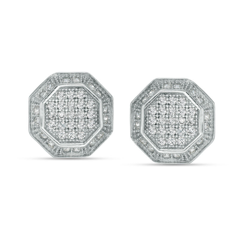 Cubic Zirconia Frame Octagon Stud Earrings in Solid Sterling Silver