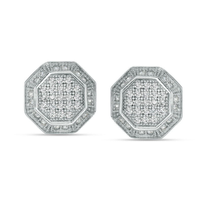 Main Image 1 of Cubic Zirconia Frame Octagon Stud Earrings in Solid Sterling Silver