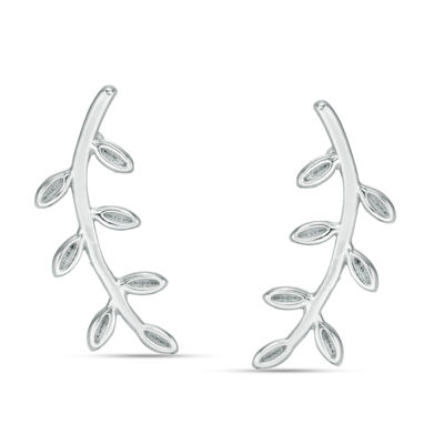 Branch with Leaves Crawler Earrings in Solid Sterling Silver
