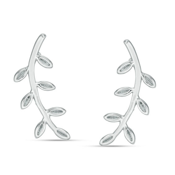Branch with Leaves Crawler Earrings in Solid Sterling Silver