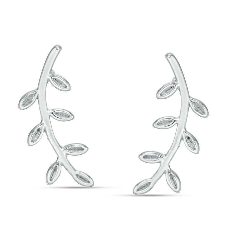 Main Image 1 of Branch with Leaves Crawler Earrings in Solid Sterling Silver