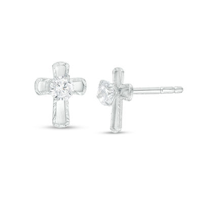 3mm Cubic Zirconia and Diamond-Cut Cross Stud Earrings in Sterling Silver
