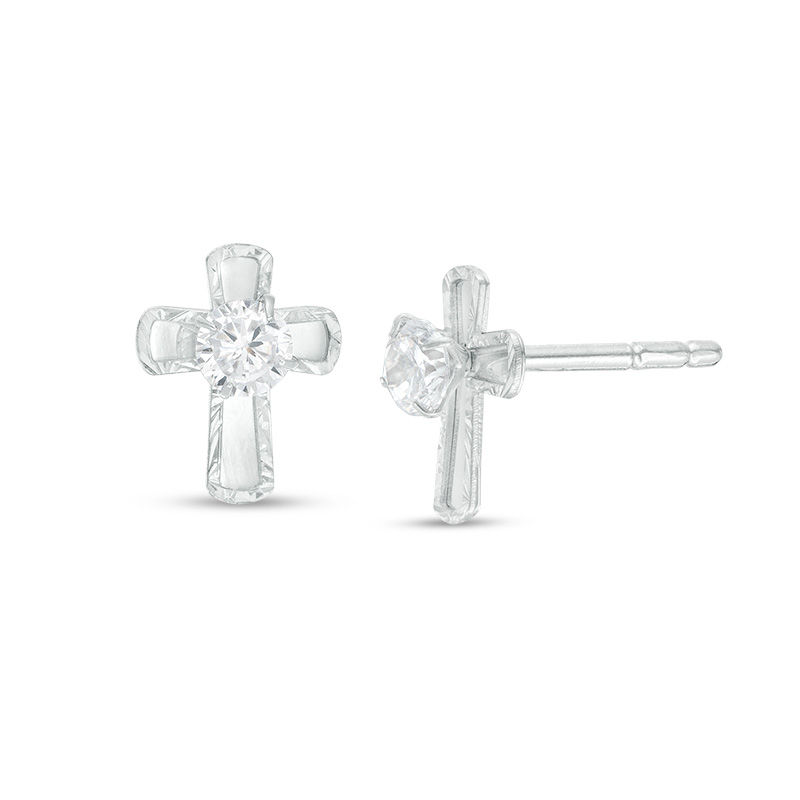 Main Image 1 of 3mm Cubic Zirconia and Diamond-Cut Cross Stud Earrings in Sterling Silver